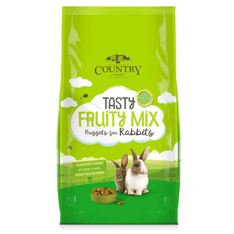 Green bag of country value fruity fibre nuggets for rabbits supports healthy digestion in a tasty mix