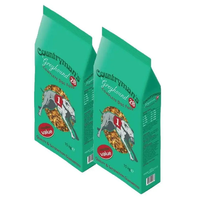 Two teal bags of countrymans greyhound 28 complete dog food 15 kg value pack with greyhound illustration