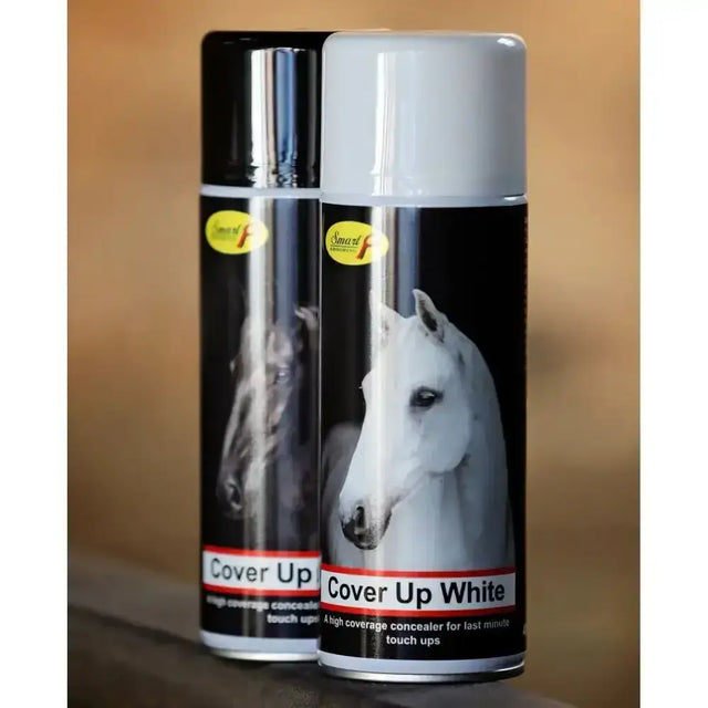 Two 400ml smart grooming cover aerosols in black and white with horse labels for long wearing water based cover blemishes