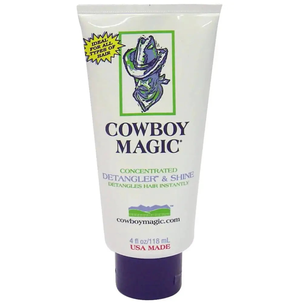 White tube of cowboy magic detangler with purple cap and green bordered cowboy for dreadlocks instantly mane and tail use