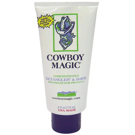 White tube of cowboy magic detangler with purple cap and green cowboy illustration for dreadlocks instantly shine mane & tail