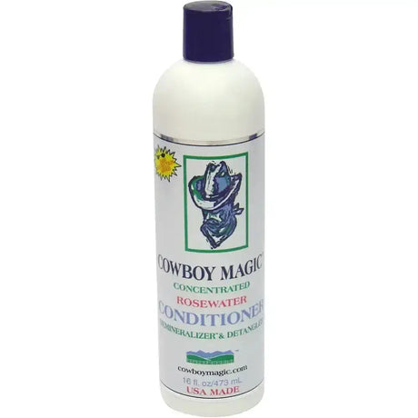 White plastic bottle of cowboy magic rosewater concentrated conditioner with dark blue cap and cowboy hat label