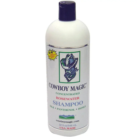 White plastic bottle of cowboy magic rosewater shampoo with dark blue cap and label featuring cowboy hat illustration