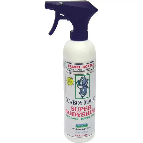 White plastic spray bottle with dark blue nozzle of cowboy magic super bodyshine for horse grooming coat shines