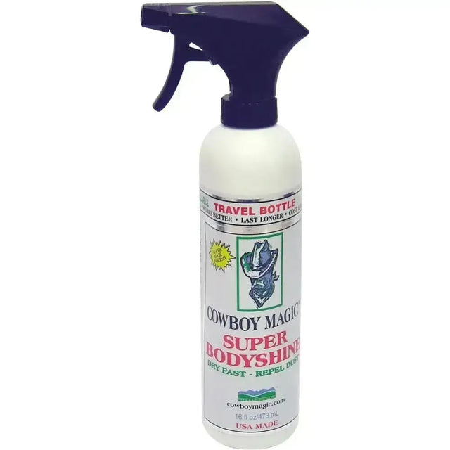 White plastic spray bottle with dark blue nozzle of cowboy magic super bodyshine for horse grooming coat shines