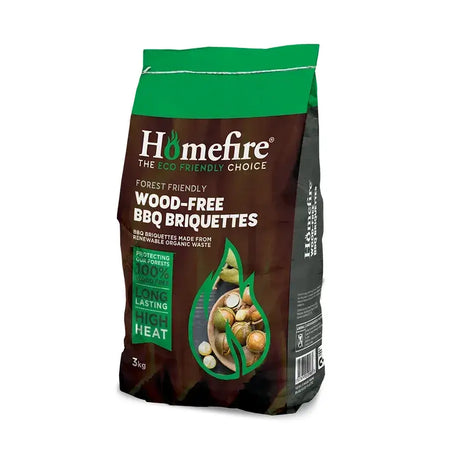 A dark brown and green bag of homefire forest-friendly wood-free bbq briquettes for easy grilling use
