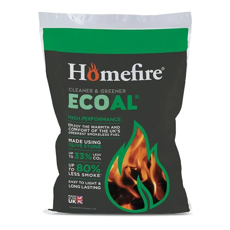 Cpl homefire ecoal smokeless fuel 20 kg bag in black and green made from eco-friendly olive stone charcoal