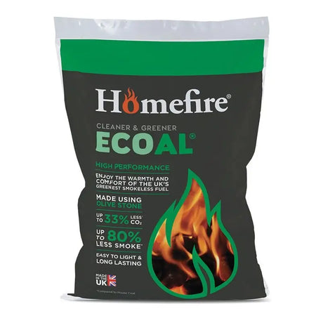 Cpl homefire ecoal smokeless fuel 20 kg bag in black and green made from eco-friendly olive stone charcoal