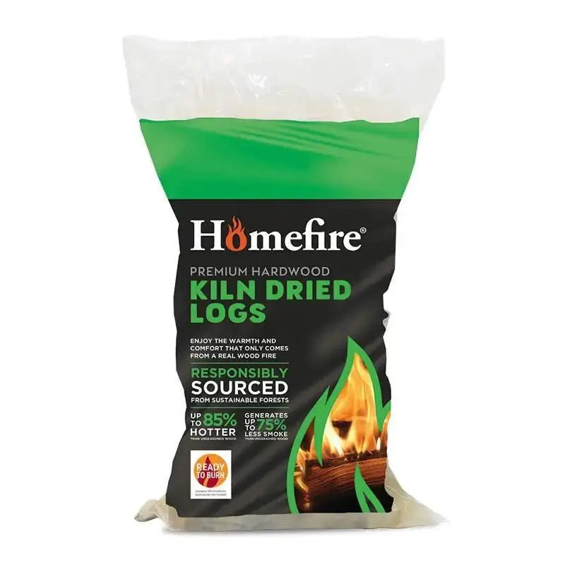 Cpl homefire kiln dried hardwood logs in green and black bag are premium kiln dried hardwood for efficient burning