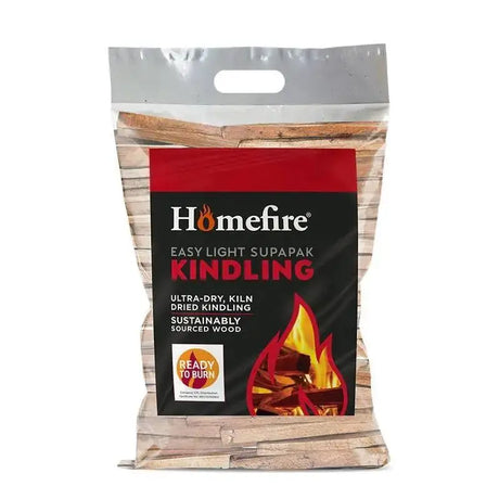A cpl homefire supapak kindling bag with ultra-dry kiln-dried wood and a red and black label for easy lighting