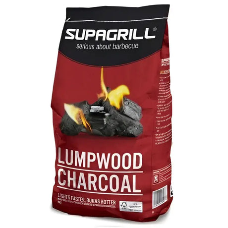 Red bag of cpl supagrill lumpwood charoyal caninoal charcoal featuring burning coals for grilling use