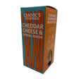 A vibrant orange and teal box of cradocs delisticks cheddar cheese and spring onion sourdough breadsticks with crumb texture and individually wrapped