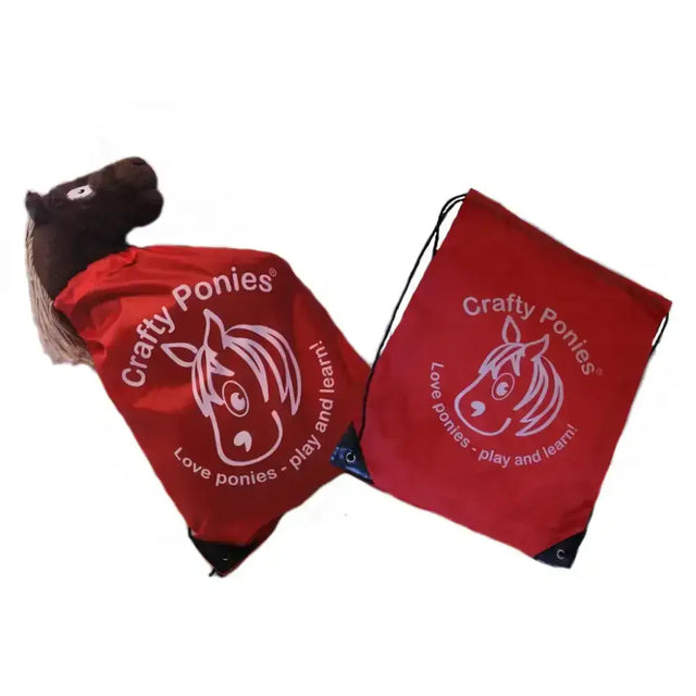 Red crafty ponies drawstring bag with white logo and love ponies play and learn slogan perfect for pony fans