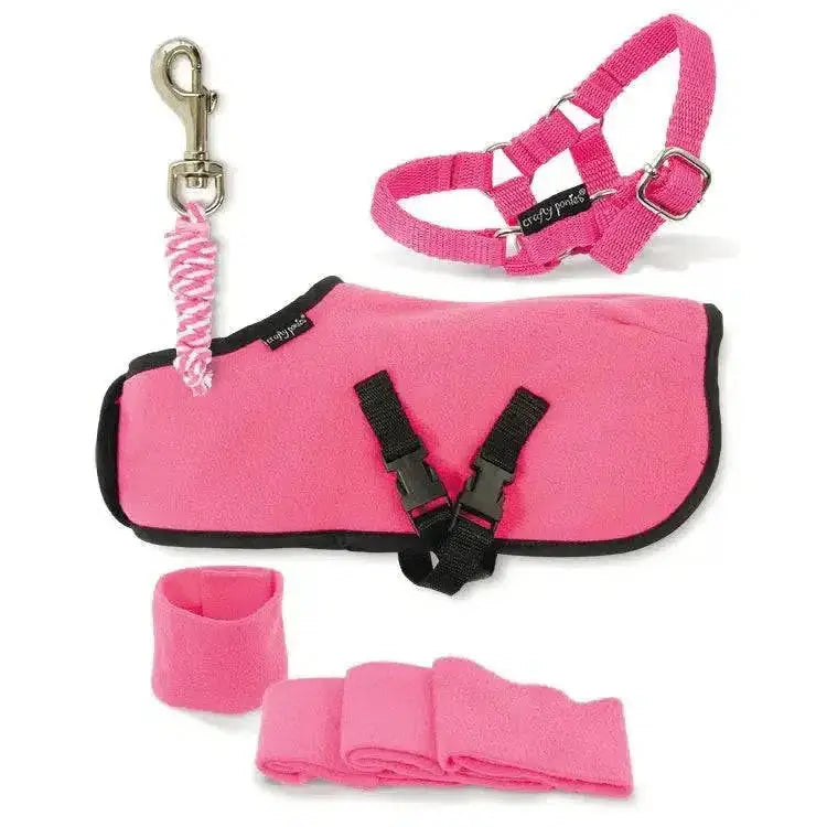 Bright pink crafty ponies fleece rug with black trim and adjustable straps perfect for ponies fleece rug use