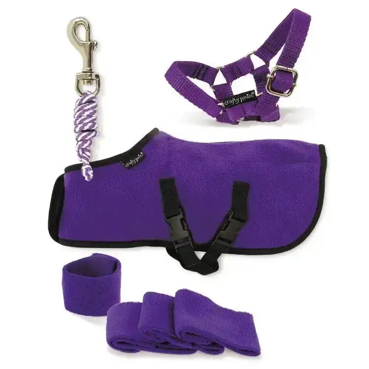 Purple fleece horse blanket with black trim and adjustable straps from crafty ponies fleece rug set