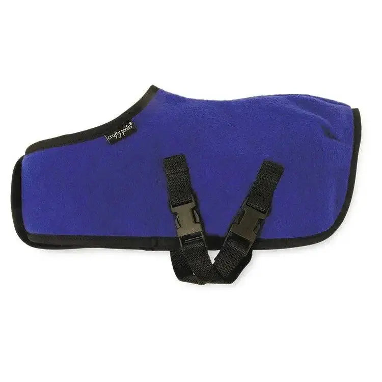 Purple crafty ponies fleece pony fleece rug with black trim and adjustable straps for cozy horse warmth