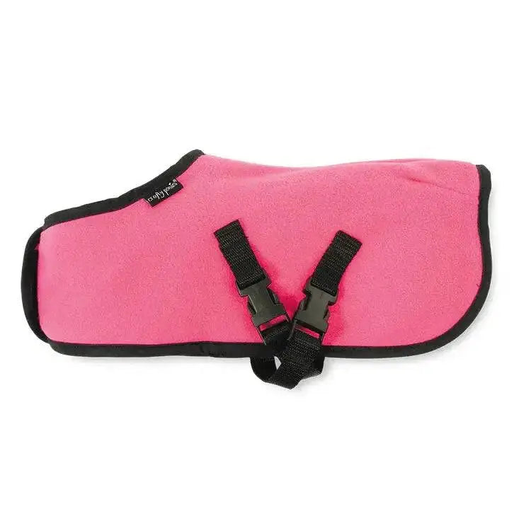 Pink fleece horse blanket with black trim and adjustable straps from crafty ponies fleece pony fleece rug collection