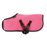 Pink fleece horse blanket with black trim and adjustable straps from crafty ponies fleece pony fleece rug collection