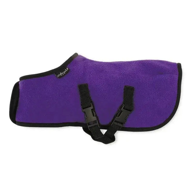 Purple crafty ponies fleece pony fleece rug with black trim and adjustable straps for cozy warmth