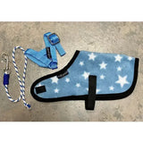 Blue star-patterned fleece dog coat with black trim and matching harness from crafty ponies foal rug set for foal accessories
