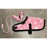 Pink star-patterned fleece dog coat with black trim and adjustable straps from crafty ponies foal rug set for foal accessories