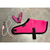 Bright pink fleece dog coat with black trim and adjustable straps from crafty ponies foal rug set for foal accessories