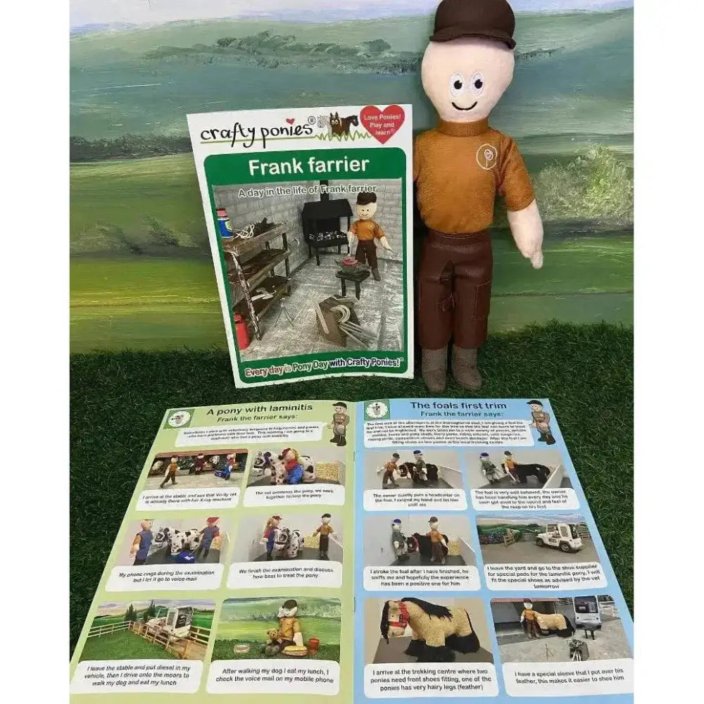Brown plush crafty ponies frank farmer doll frank farrier with matching cap and orange shirt beside educational materials