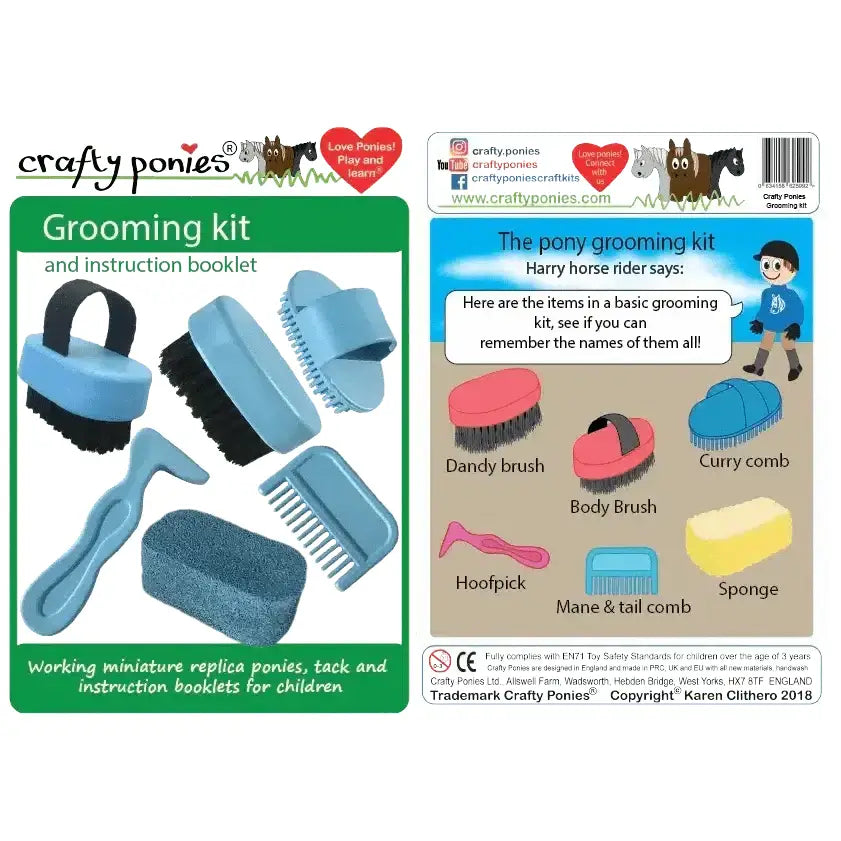 Blue plastic crafty ponies grooming kit with brushes curry comb and sponge perfect for pony grooming kit use