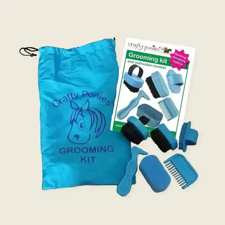Blue plastic crafty ponies grooming kit with assorted brushes and tools for pony grooming and horse tack boxes use
