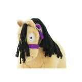 A plush tan horse toy with black braided mane wearing a purple halter from crafty ponies headcollars toy collection