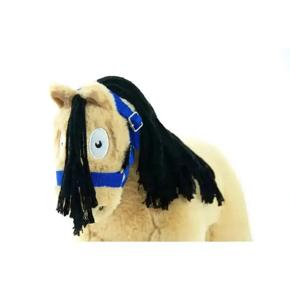 Plush tan horse toy with black mane wearing blue crafty ponies headcollars toy pony headcollars accessory