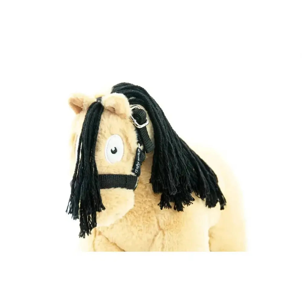 Plush tan horse toy with black braided mane and harness featuring crafty ponies headcollars toy pony headcollars