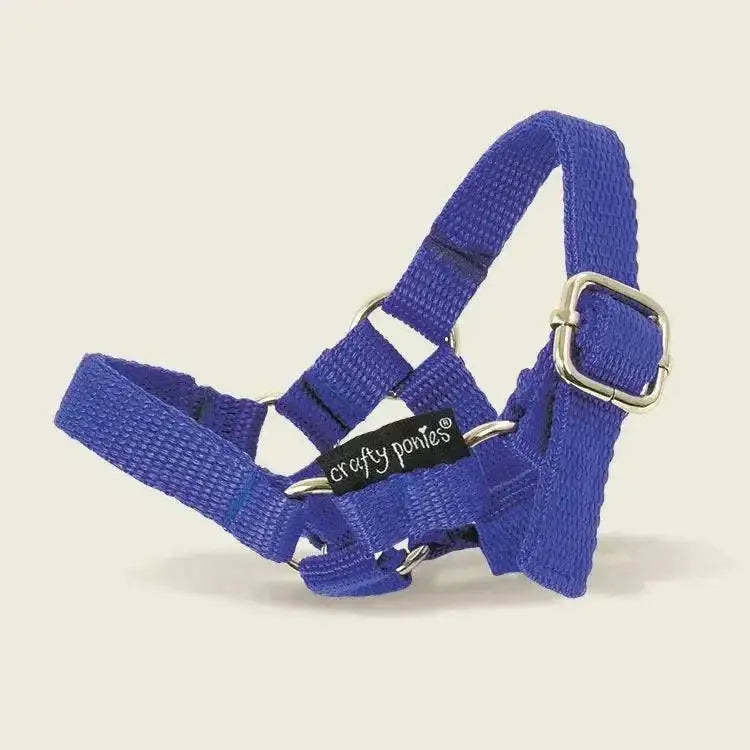 Royal blue woven nylon halter with silver metal hardware and crafty ponies headcollars tag for toy pony headcollars