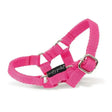 Bright pink woven nylon halter harness with silver hardware and crafty ponies headcollars brand tag for toy pony headcollars