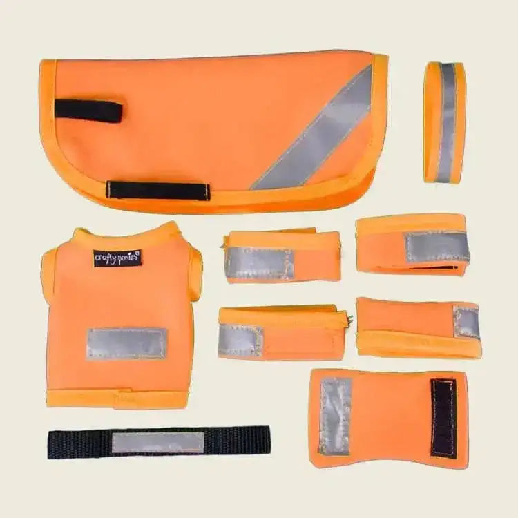 Bright orange crafty ponies hi viz pet safety gear set with reflective strips including vest and straps for visibility