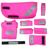 Bright pink crafty ponies hi viz sets with reflective strips including saddle pad vest and wristbands for safety use