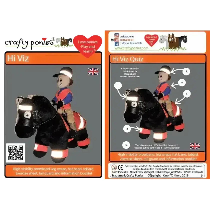 Black plush pony wearing crafty ponies hi viz sets with red reflective strips on legs browband and tail guard