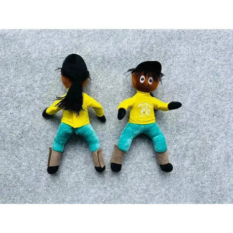 Two plush crafty ponies riders alex crafty pony dolls in yellow tops and teal pants with ponytail and hat