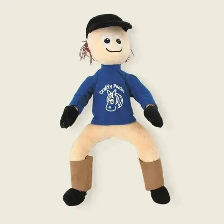 A crafty ponies riders plush toy harry wearing a blue shirt with white horse logo black cap beige pants and brown boots