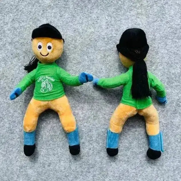 Two plush crafty ponies riders jamie crafty pony rider dolls with green shirt and pony print on back side