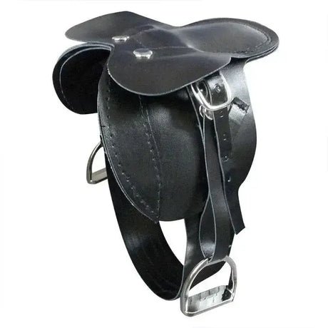 Black leather crafty ponies saddle with silver metal stirrups and hardware perfect for ponies saddle cloth use