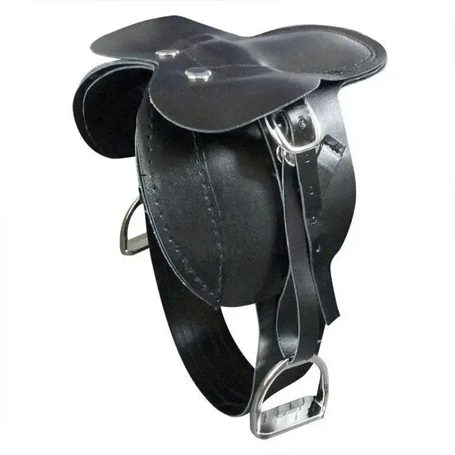 Black leather crafty ponies saddle with silver metal stirrups and hardware perfect for ponies saddle cloth use