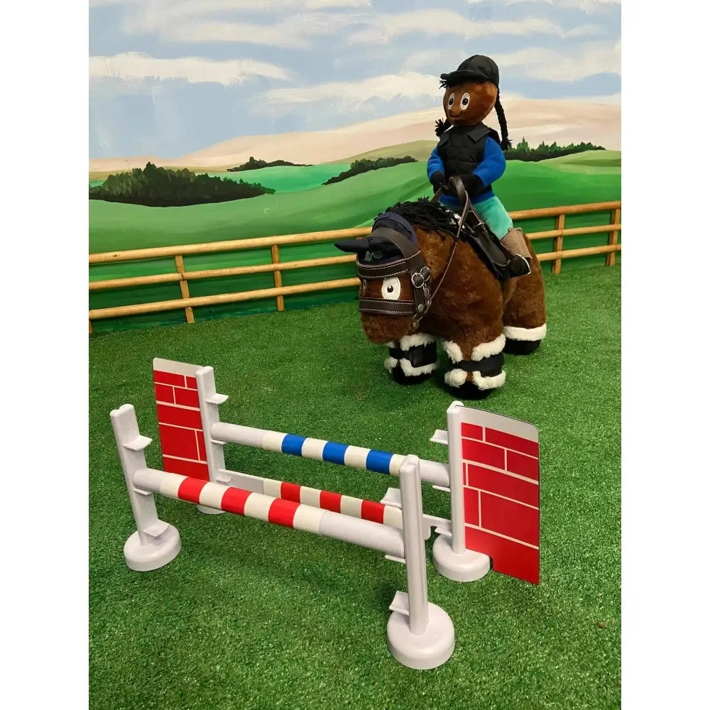 Brown plush toy pony with striped hooves wearing saddle and bridle ridden by doll in crafty ponies jumping set
