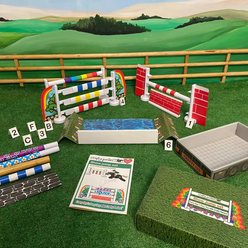 Colorful rainbow and brick-themed crafty ponies toy pony jumping set with printed instructions and packaging