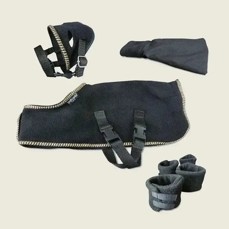 Black fleece horse blanket with silver chain-stitched trim and adjustable straps from crafty ponies fleece show rug set