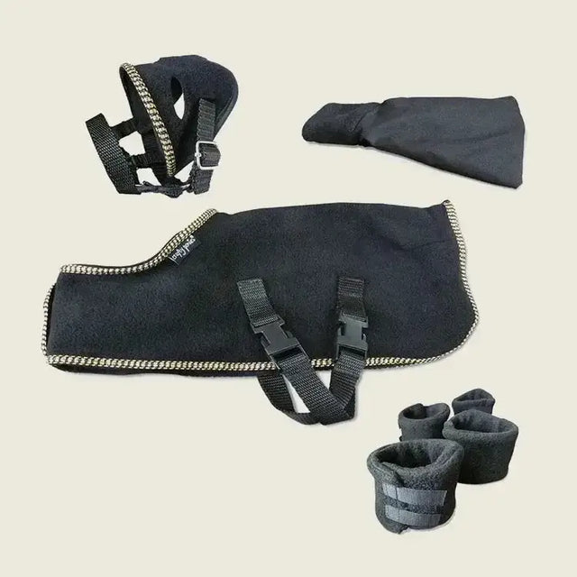 Black fleece horse blanket with silver chain-stitched trim and adjustable straps from crafty ponies fleece show rug set