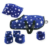 Blue star patterned fleece dog coat with black strap and matching wristbands from crafty ponies snuggle rug set