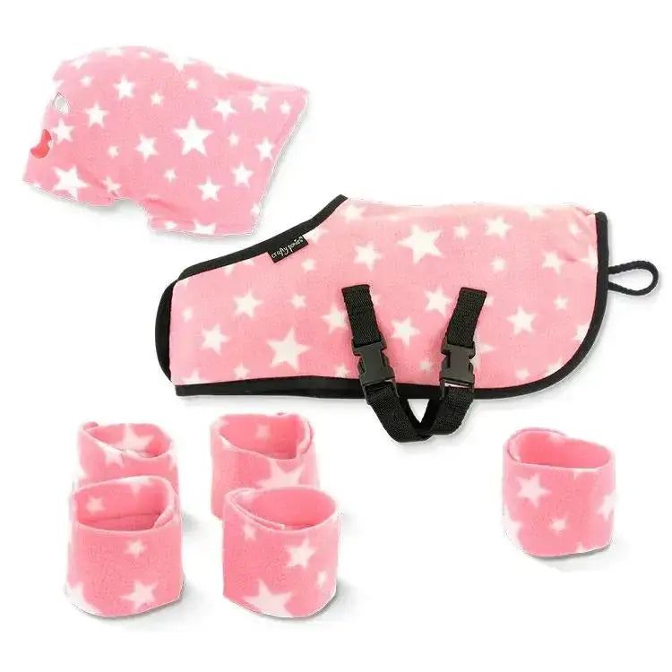 Pink star patterned fleece horse blanket with black trim and straps from crafty ponies snuggle rug set