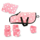 Pink star patterned fleece horse blanket with black trim and straps from crafty ponies snuggle rug set