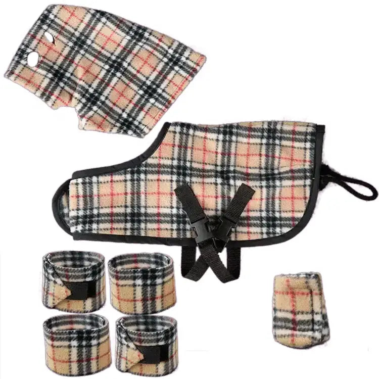 Plaid-patterned crafty ponies snuggle fleece horse blanket in black red and beige for cozy pony warmth